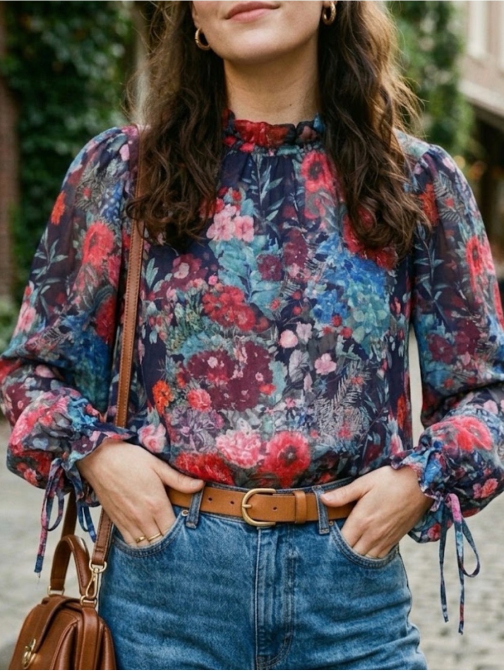 Anthropologie Hutch Romantic Boho Floral Mock Neck Sheer Tie Wrist Blouse Top